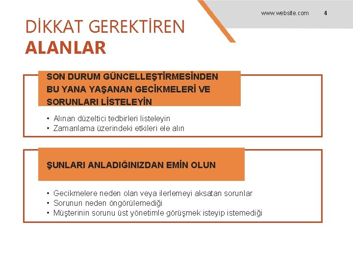 DİKKAT GEREKTİREN ALANLAR www. website. com SON DURUM GÜNCELLEŞTİRMESİNDEN BU YANA YAŞANAN GECİKMELERİ VE