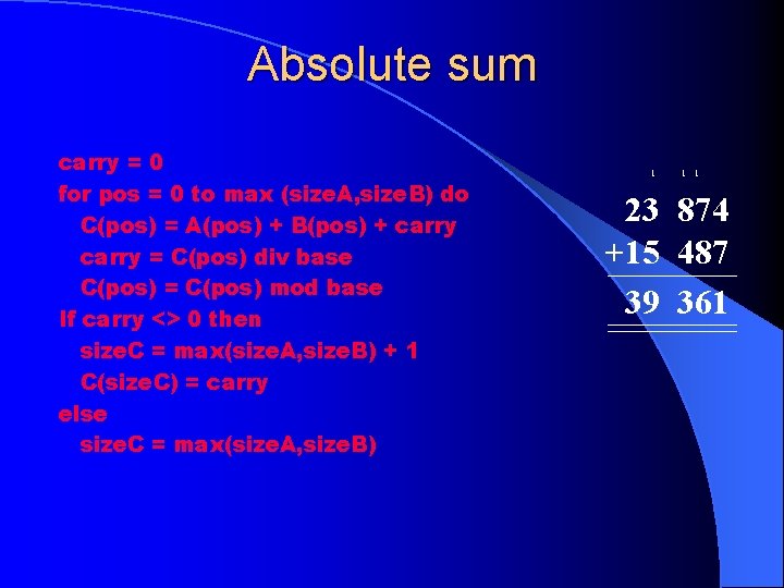 Absolute sum carry = 0 for pos = 0 to max (size. A, size. Absolute sum carry = 0 for pos = 0 to max (size. A, size.