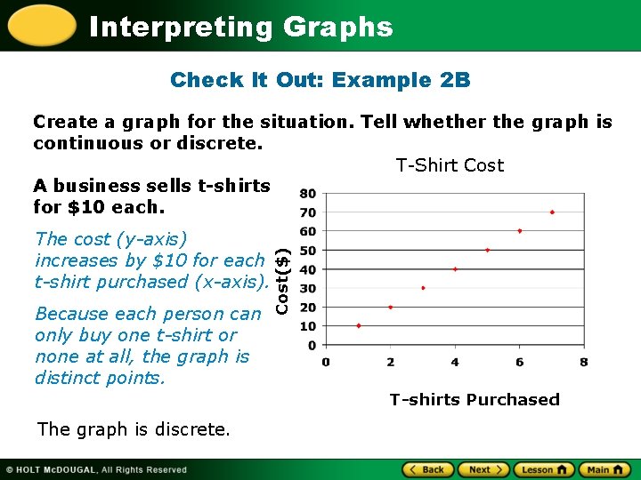 Interpreting Graphs Check It Out: Example 2 B The cost (y-axis) increases by $10