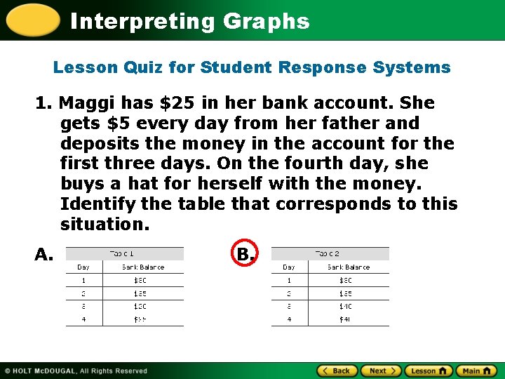 Interpreting Graphs Lesson Quiz for Student Response Systems 1. Maggi has $25 in her