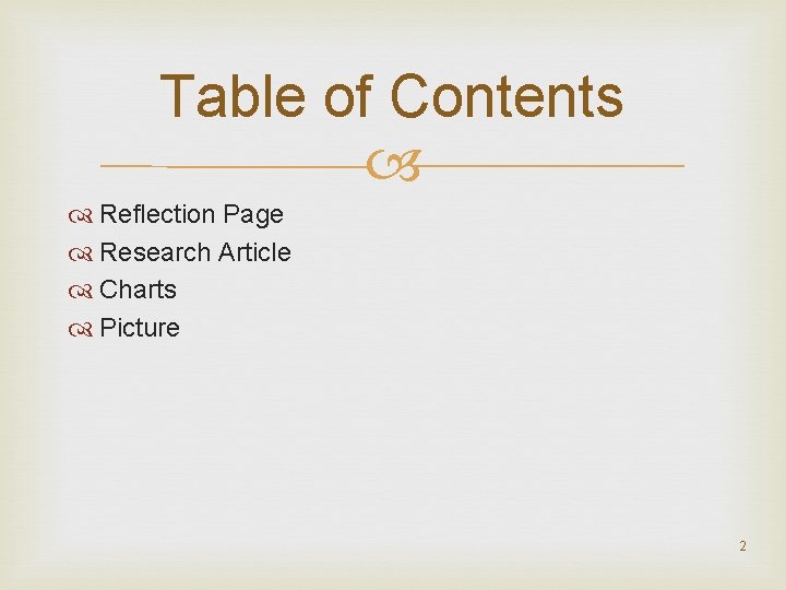 Table of Contents Reflection Page Research Article Charts Picture 2 