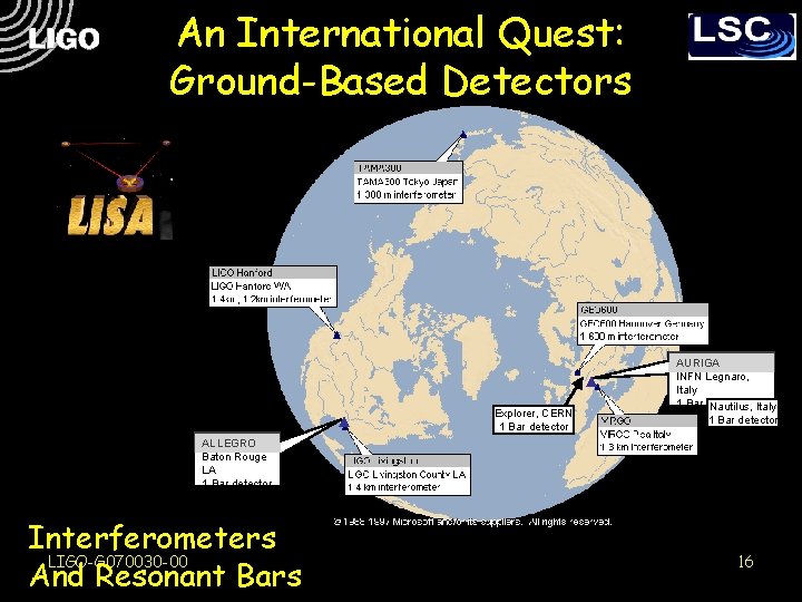 An International Quest: Ground-Based Detectors Explorer, CERN 1 Bar detector AURIGA INFN Legnaro, Italy