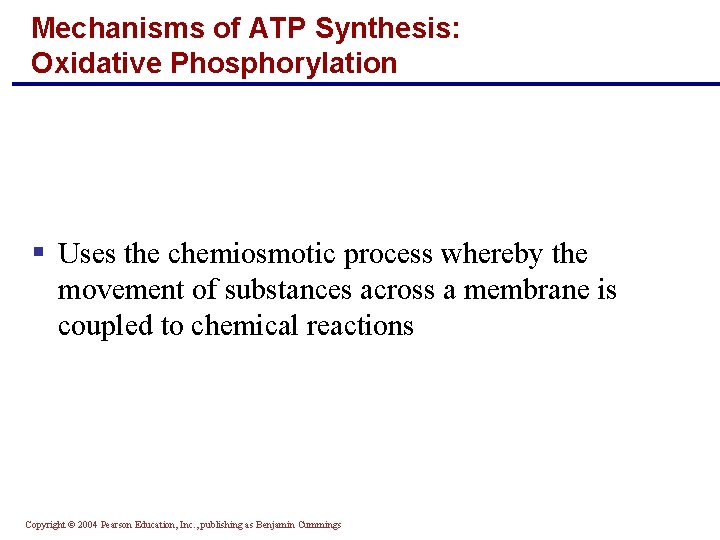 Mechanisms of ATP Synthesis: Oxidative Phosphorylation § Uses the chemiosmotic process whereby the movement
