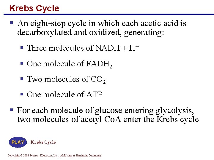 Krebs Cycle § An eight-step cycle in which each acetic acid is decarboxylated and