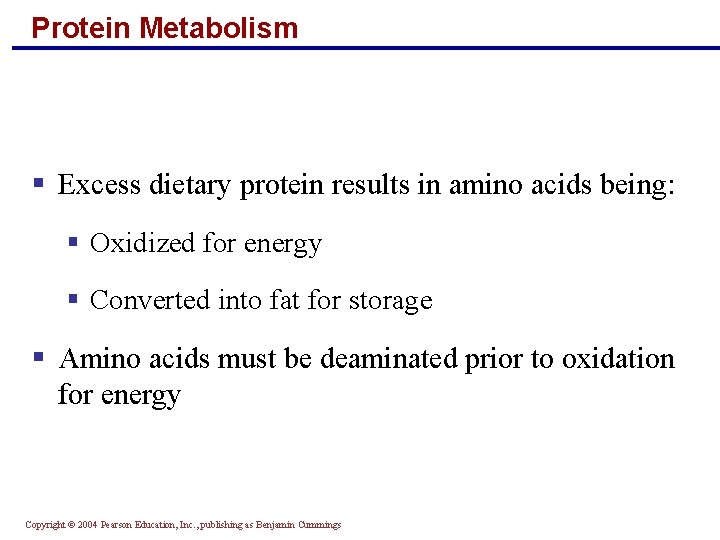 Protein Metabolism § Excess dietary protein results in amino acids being: § Oxidized for