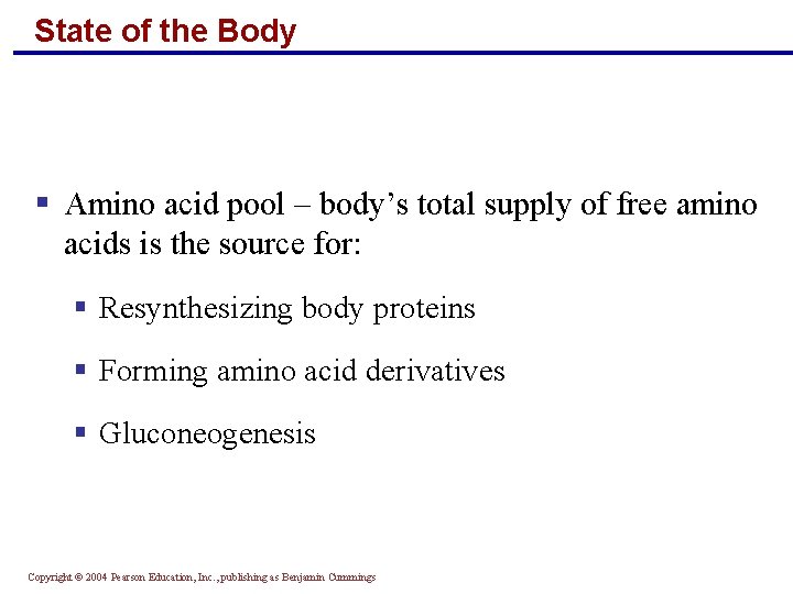 State of the Body § Amino acid pool – body’s total supply of free