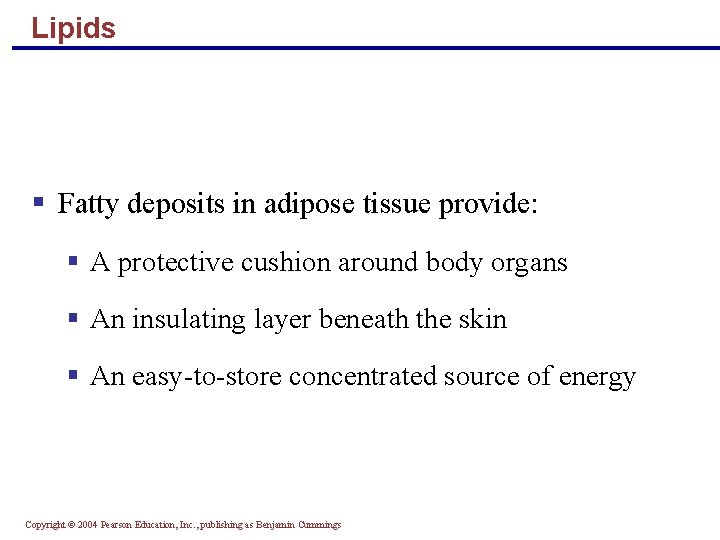 Lipids § Fatty deposits in adipose tissue provide: § A protective cushion around body