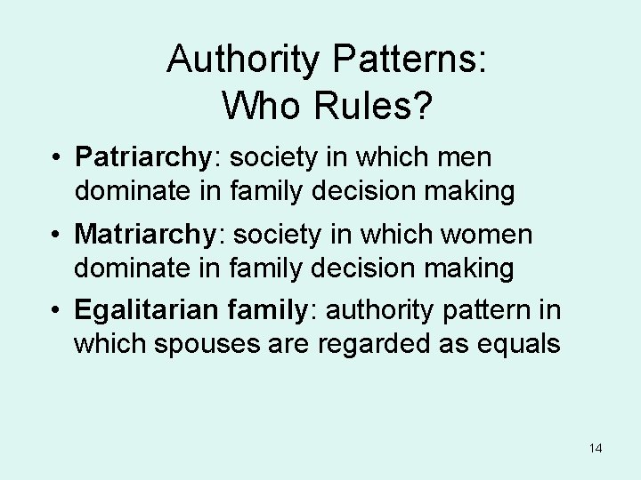 Authority Patterns: Who Rules? • Patriarchy: society in which men dominate in family decision