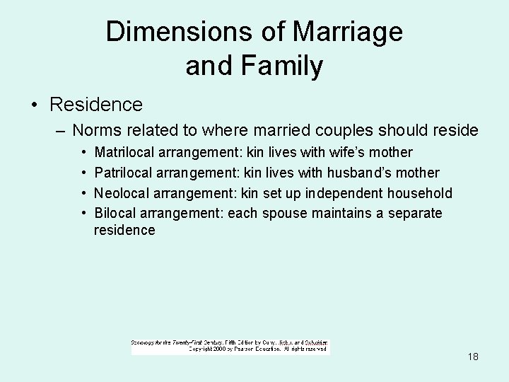 Dimensions of Marriage and Family • Residence – Norms related to where married couples