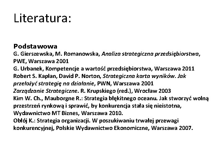 Literatura: Podstawowa G. Gierszewska, M. Romanowska, Analiza strategiczna przedsiębiorstwa, PWE, Warszawa 2001 G. Urbanek,