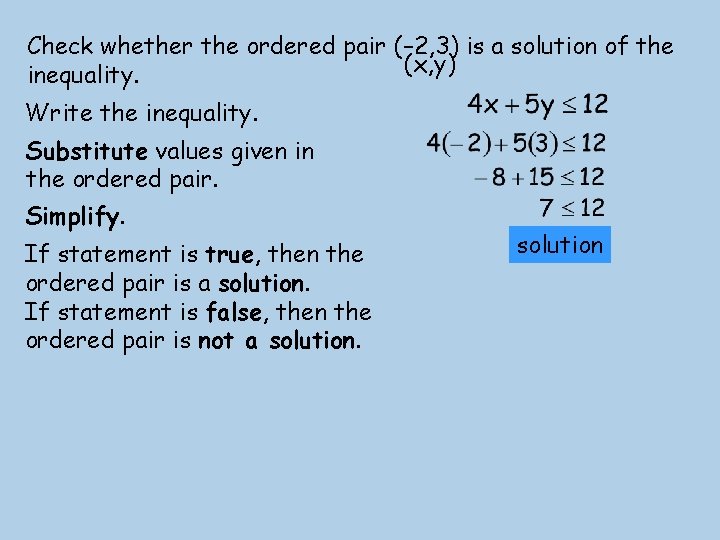 Check whether the ordered pair (– 2, 3) is a solution of the (x,