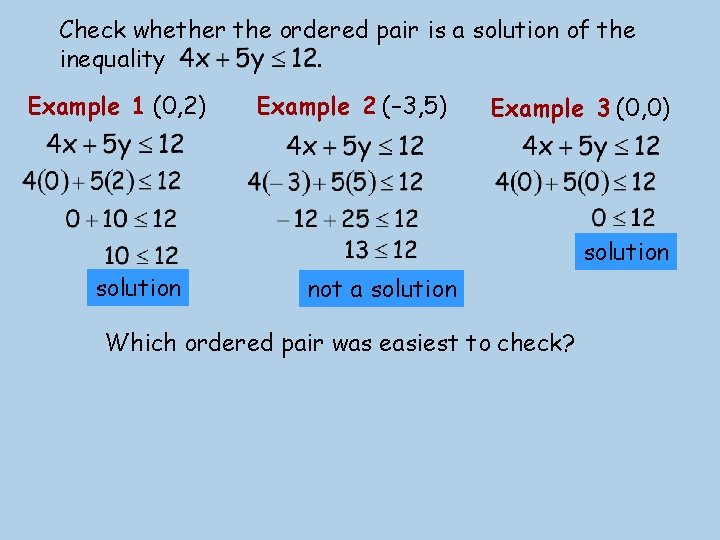 Check whether the ordered pair is a solution of the inequality. Example 1 (0,
