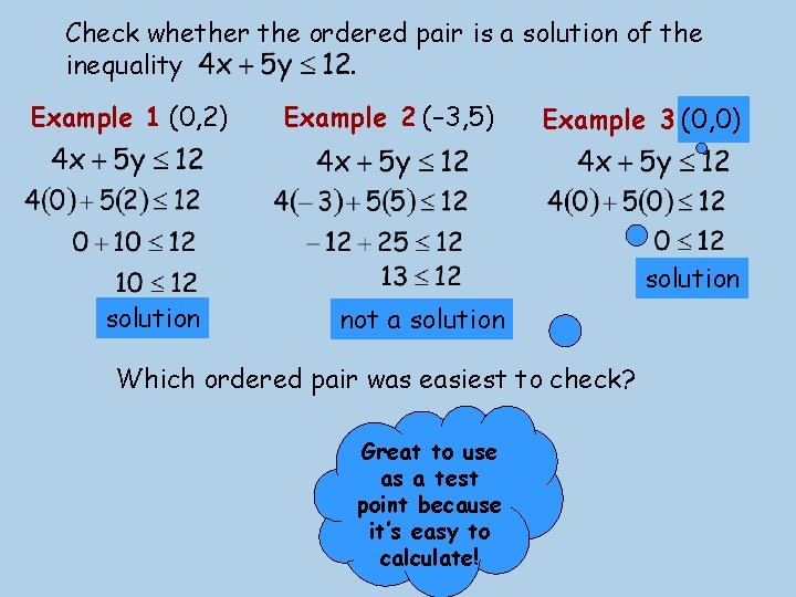 Check whether the ordered pair is a solution of the inequality. Example 1 (0,