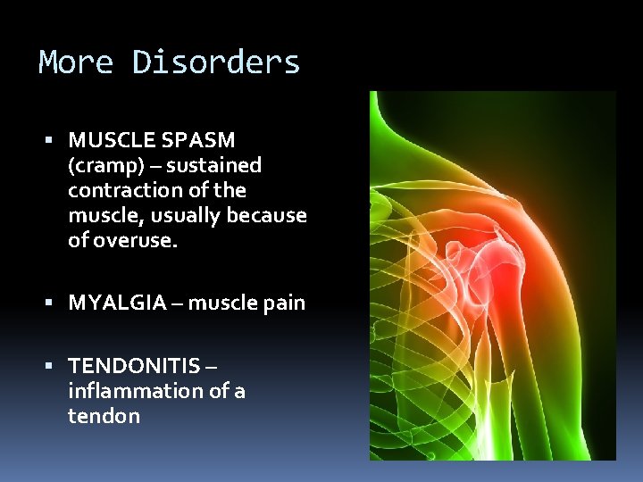 More Disorders MUSCLE SPASM (cramp) – sustained contraction of the muscle, usually because of