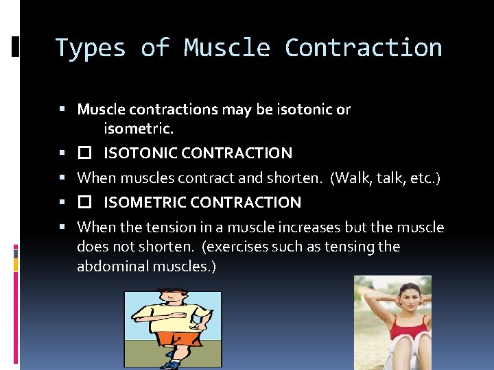 Types of Muscle Contraction Muscle contractions may be isotonic or isometric. � ISOTONIC CONTRACTION
