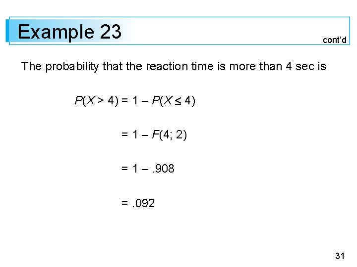 Example 23 cont’d The probability that the reaction time is more than 4 sec