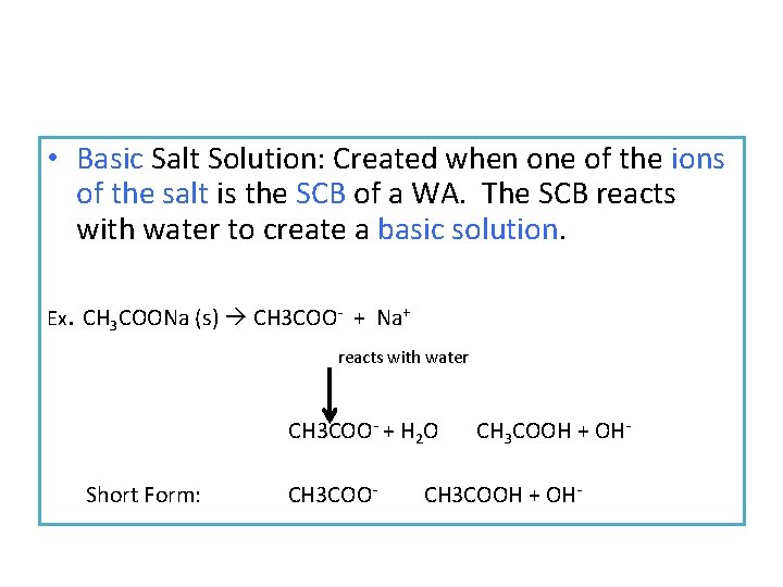  • Basic Salt Solution: Created when one of the ions of the salt