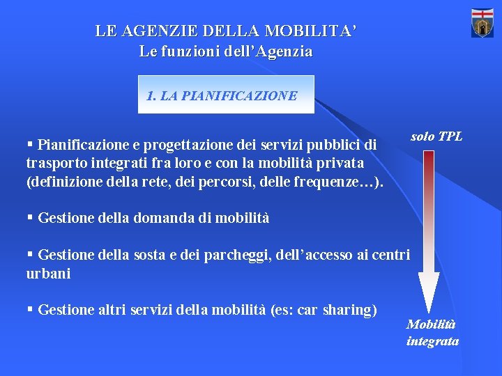 LE AGENZIE DELLA MOBILITA’ Le funzioni dell’Agenzia 1. LA PIANIFICAZIONE § Pianificazione e progettazione