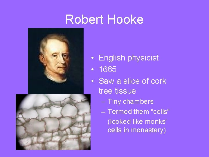 Robert Hooke • English physicist • 1665 • Saw a slice of cork tree