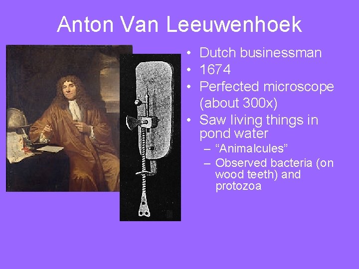 Anton Van Leeuwenhoek • Dutch businessman • 1674 • Perfected microscope (about 300 x)
