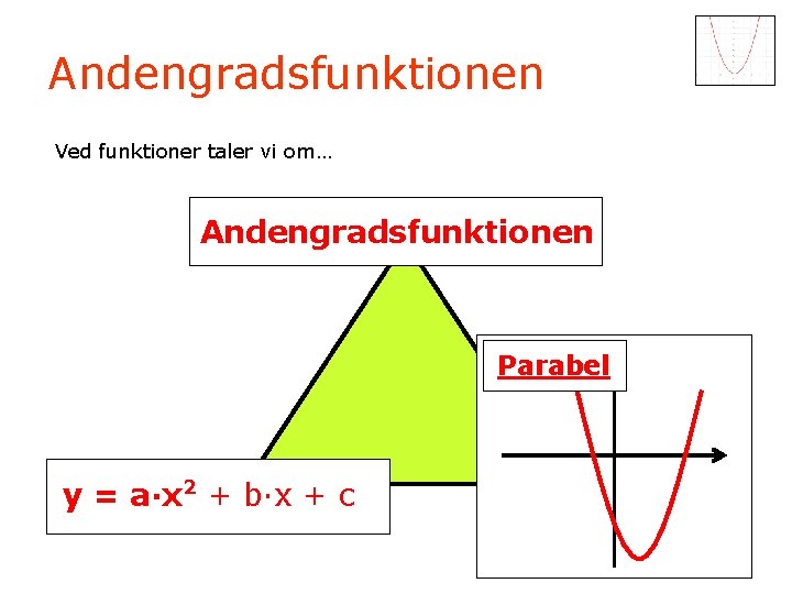 Andengradsfunktionen Ved funktioner taler vi om… Andengradsfunktionen Parabel En funktions-forskrift y= a·x 2 +