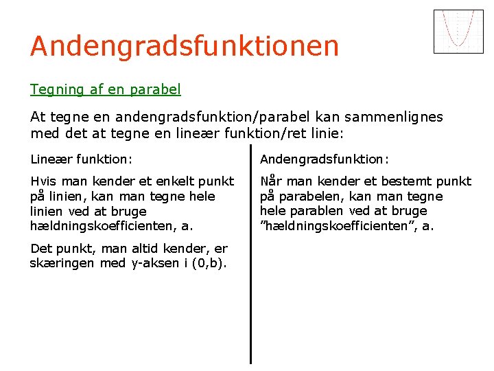 Andengradsfunktionen Tegning af en parabel At tegne en andengradsfunktion/parabel kan sammenlignes med det at