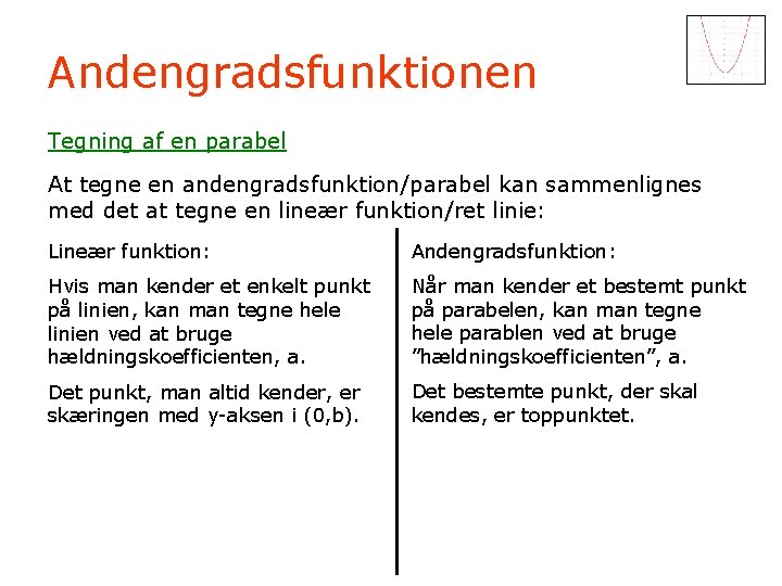 Andengradsfunktionen Tegning af en parabel At tegne en andengradsfunktion/parabel kan sammenlignes med det at