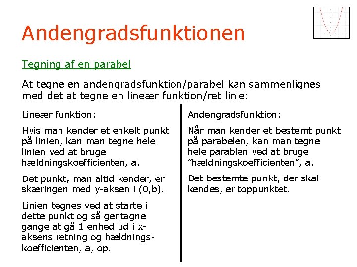 Andengradsfunktionen Tegning af en parabel At tegne en andengradsfunktion/parabel kan sammenlignes med det at