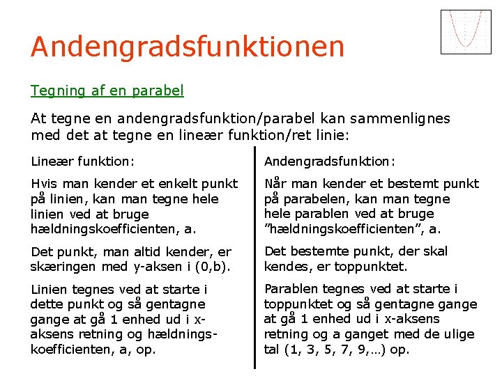 Andengradsfunktionen Tegning af en parabel At tegne en andengradsfunktion/parabel kan sammenlignes med det at