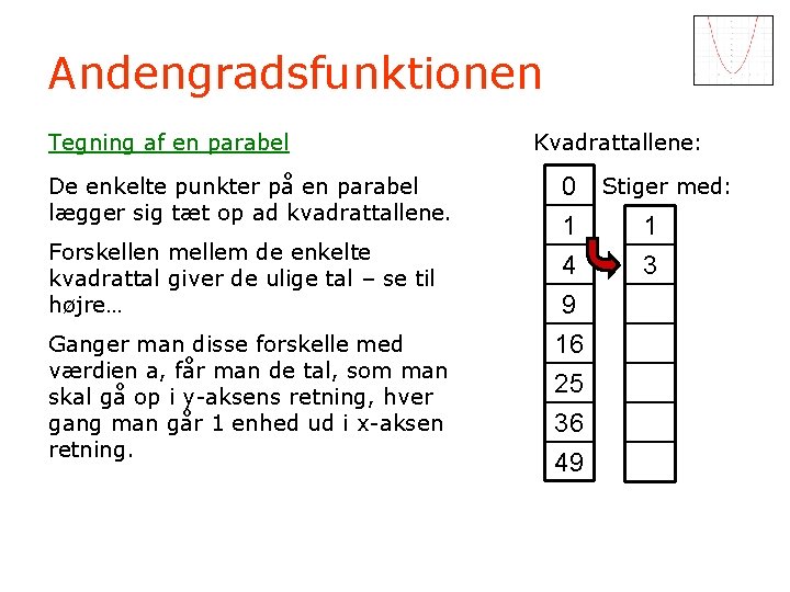 Andengradsfunktionen Tegning af en parabel De enkelte punkter på en parabel lægger sig tæt