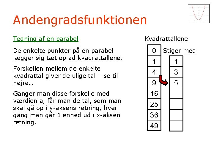 Andengradsfunktionen Tegning af en parabel De enkelte punkter på en parabel lægger sig tæt