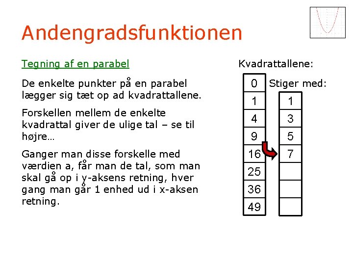 Andengradsfunktionen Tegning af en parabel De enkelte punkter på en parabel lægger sig tæt