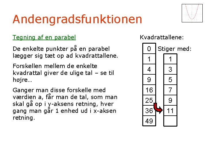 Andengradsfunktionen Tegning af en parabel De enkelte punkter på en parabel lægger sig tæt