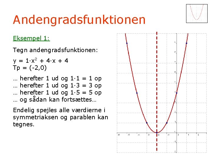 Andengradsfunktionen Eksempel 1: Tegn andengradsfunktionen: y = 1·x 2 + 4·x + 4 Tp