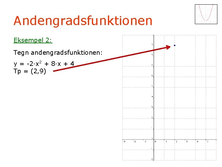 Andengradsfunktionen Eksempel 2: Tegn andengradsfunktionen: y = -2·x 2 + 8·x + 4 Tp