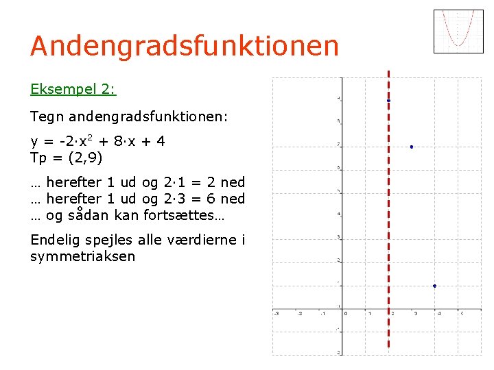 Andengradsfunktionen Eksempel 2: Tegn andengradsfunktionen: y = -2·x 2 + 8·x + 4 Tp