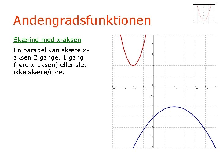 Andengradsfunktionen Skæring med x-aksen En parabel kan skære xaksen 2 gange, 1 gang (røre