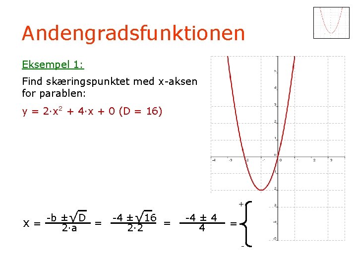 Andengradsfunktionen Eksempel 1: Find skæringspunktet med x-aksen for parablen: y = 2·x 2 +