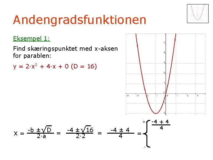 Andengradsfunktionen Eksempel 1: Find skæringspunktet med x-aksen for parablen: y = 2·x 2 +