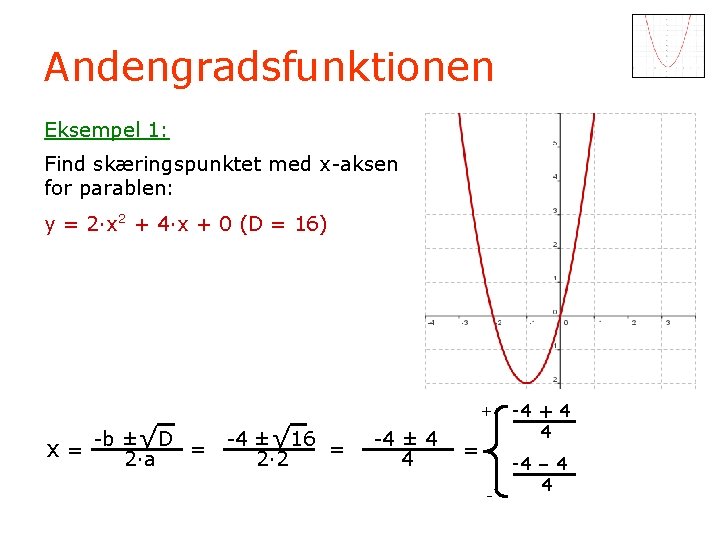 Andengradsfunktionen Eksempel 1: Find skæringspunktet med x-aksen for parablen: y = 2·x 2 +