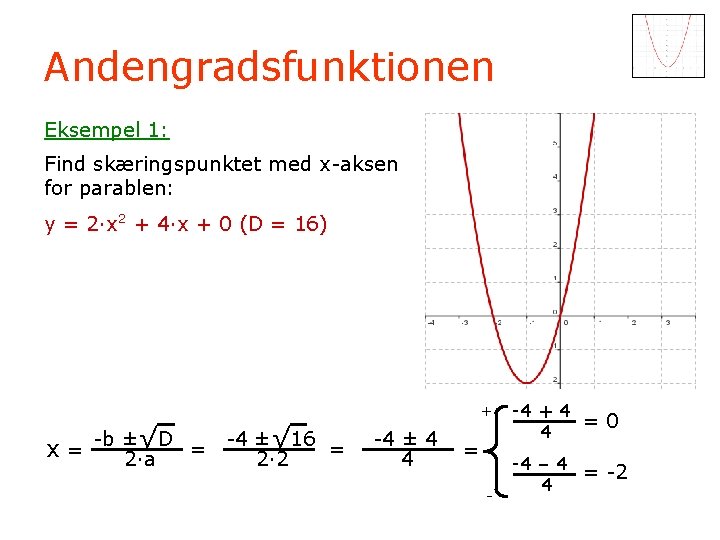 Andengradsfunktionen Eksempel 1: Find skæringspunktet med x-aksen for parablen: y = 2·x 2 +