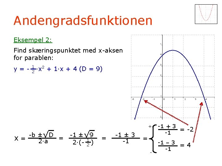 Andengradsfunktionen Eksempel 2: Find skæringspunktet med x-aksen for parablen: y=- 1 2 ·x 2