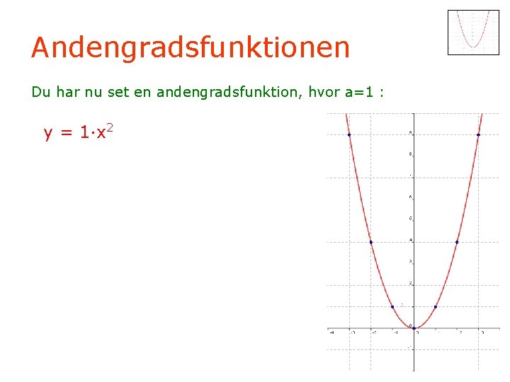 Andengradsfunktionen Du har nu set en andengradsfunktion, hvor a=1 : y = 1·x 2