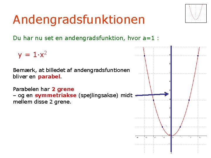 Andengradsfunktionen Du har nu set en andengradsfunktion, hvor a=1 : y = 1·x 2