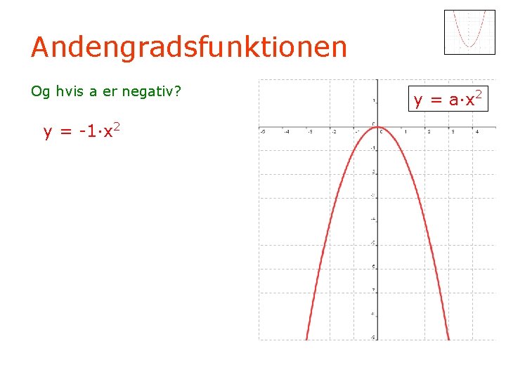 Andengradsfunktionen Og hvis a er negativ? y = -1·x 2 y = a·x 2