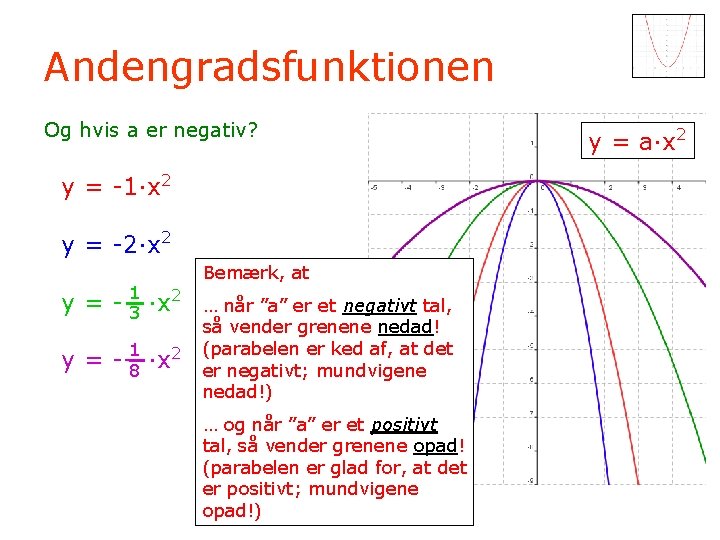 Andengradsfunktionen Og hvis a er negativ? y = -1·x 2 y = -2·x 2