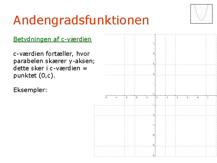 Andengradsfunktionen Betydningen af c-værdien fortæller, hvor parabelen skærer y-aksen; dette sker i c-værdien =