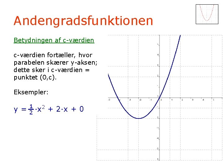 Andengradsfunktionen Betydningen af c-værdien fortæller, hvor parabelen skærer y-aksen; dette sker i c-værdien =