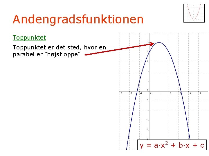 Andengradsfunktionen Toppunktet er det sted, hvor en parabel er ”højst oppe” y = a·x