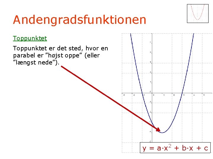 Andengradsfunktionen Toppunktet er det sted, hvor en parabel er ”højst oppe” (eller ”længst nede”).